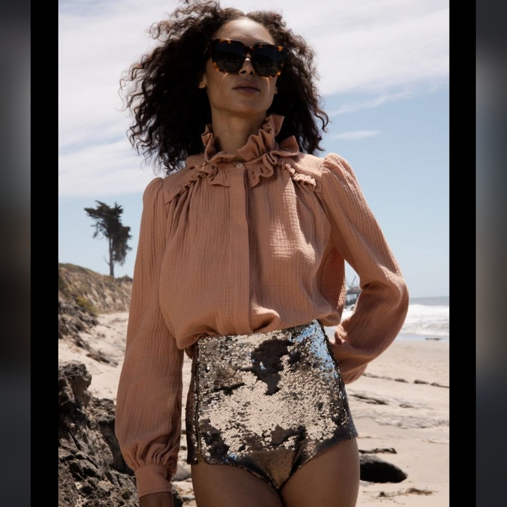 Heidi Merrick Poet Top In Sandalwood Cotton Gauze Ruffle Button-Front Blouse